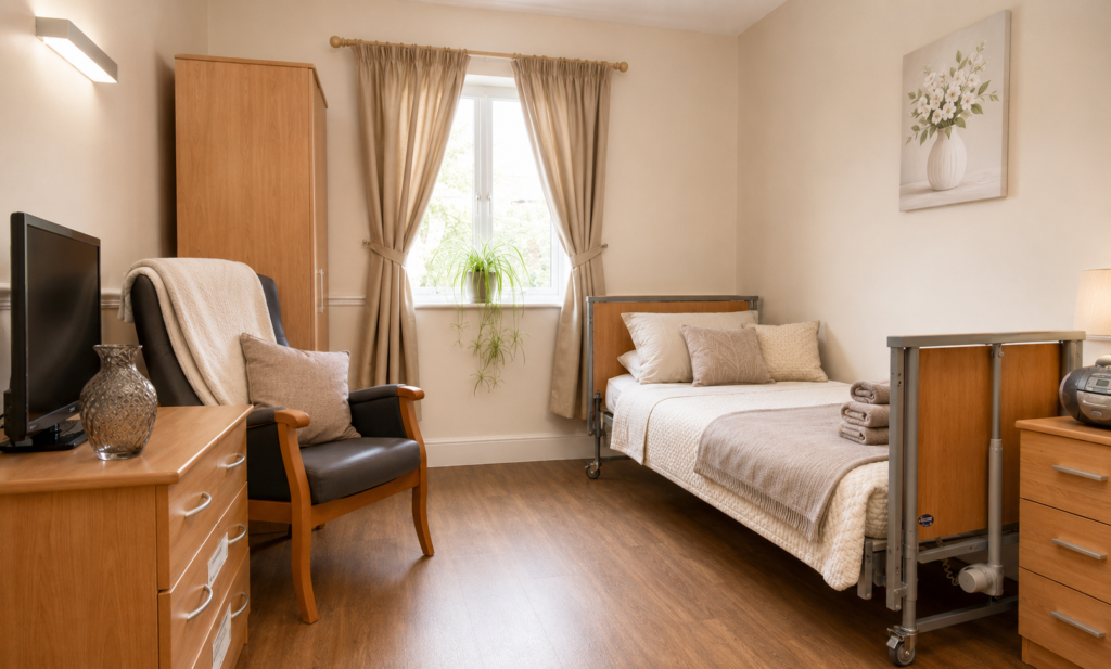 A bright and well furnished bedroom at Abbeywel, Court