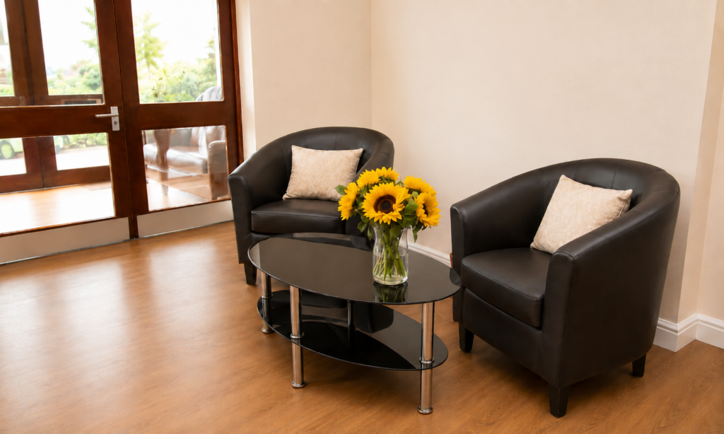 Abbeywell Court Spacious hallways decorated with bespoke pictures, chosen to create a calming environment and spark memories