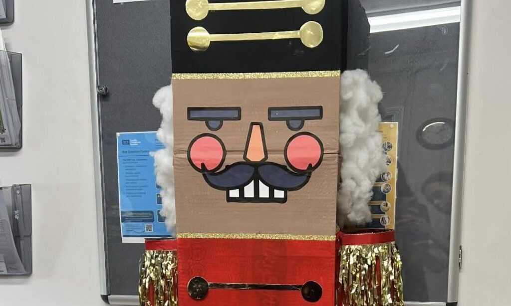 Johnny Walnut, a six-foot hand-crafted nutcracker, welcoming visitors at Cheaney Court